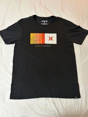 Hurley Black Tee with Yellow-Orange-Red Chest Graphic
